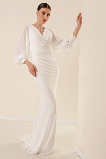 By Saygı Double Breasted Neckline Front Gathered Lined Long Chiffon Dress