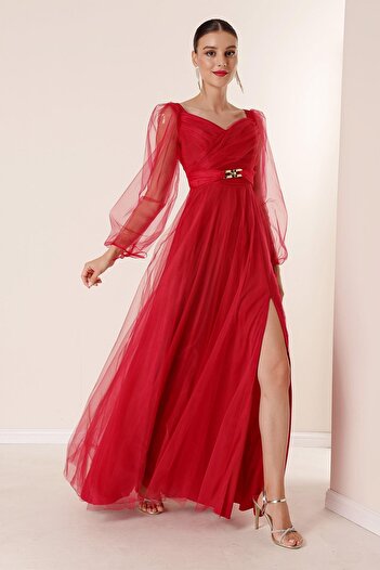 By Saygı Front Back V Neck Waist Stoned Draped Lined Long Tulle Dress