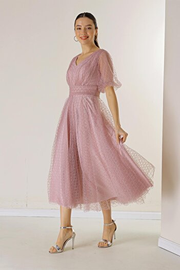 By Saygı Front Back V Neck Short Balloon Sleeve Square Spotted Glitter Dalya Fabric Lined Dress