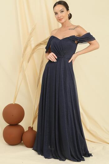 By Saygı Low Sleeve Lined Skirt Pleated Glitter Long Tulle Dress