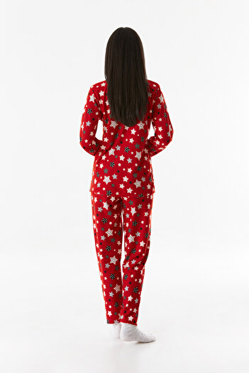 Fulla Moda Yıldız Desenli Gömlek Yaka Süet Pijama Takımı