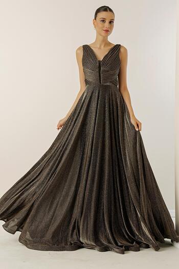 By Saygı Thick Strap Lined Mini Checkered Wide Size Glittery Long Dress
