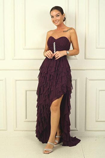 By Saygı STone DeTailed STrapless Draped Flounce Long Tulle Dress - Side SliT