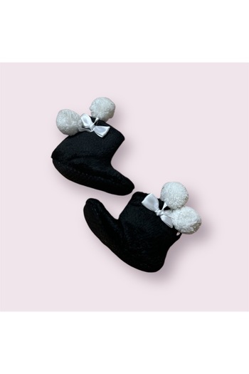 İpek Silk Baby Black Pom-Pom Plush Fluffy Home Boots