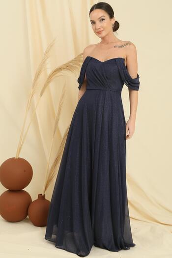 By Saygı Low Sleeve Lined Skirt Pleated Glitter Long Tulle Dress