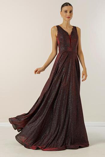 By Saygı V-Neck Dream Tulle Glitter Lined Evening Dress