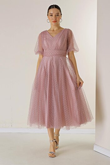 By Saygı Front Back V Neck Short Balloon Sleeve Square Spotted Glitter Dalya Fabric Lined Dress