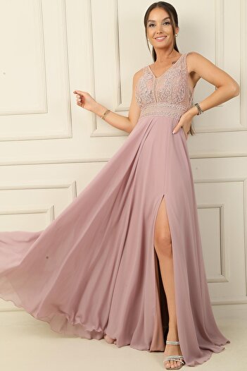 By Saygı V-Neck Beaded Flower Motif Long Chiffon Evening Dress - Lined