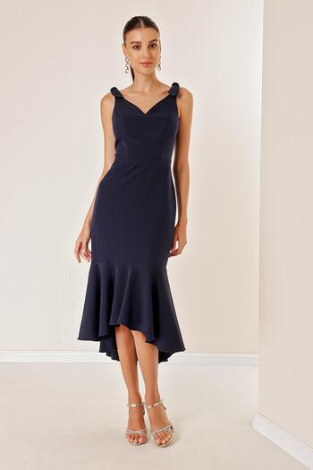 By Saygı Thin Straps Lined Front Short Back Flounce Dress