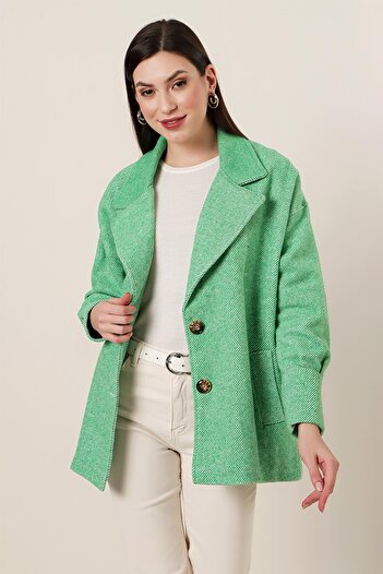 By Saygı Oversize Lined Cashmere Jacket with Cuff Sleeves Pockets