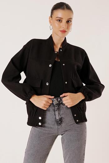 By Saygı Stamped Bomber Coat with Elastic Waist Bag Pocket