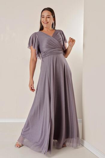 By Saygı Double Breasted Neckline Front Draped Lined Sleeves Flounce Slit Plus Size Long Lurex Dress