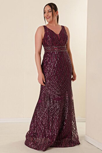 By Saygı Plus Size V-neck Lined Bead Detailed Sequin Long Dress