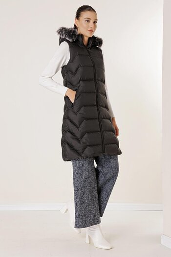 By Saygı Furry Mobile Hooded Side Pocket Lined Zippered Inflatable Vest