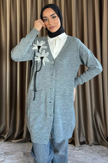 julude Gray Women's Hijab Pocket Floral Detailed Knitwear Cardigan