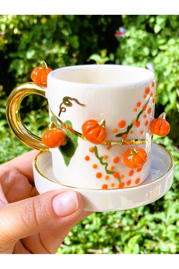 Celines Wonders Premium Quality - 24 Carat Gold Detailed Pumpkin Embossed Cup Mug, Halloween Pumpkin Mug