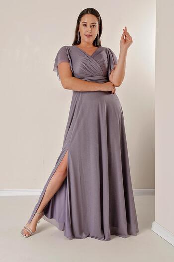 By Saygı Double Breasted Neckline Front Draped Lined Sleeves Flounce Slit Plus Size Long Lurex Dress