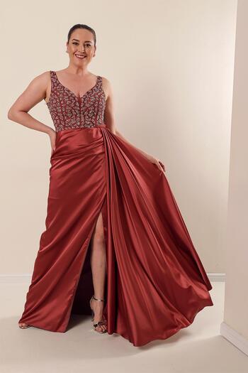 By Saygı Plus Size Long Satin Dress with Tulle Stone Detail Lining on Top