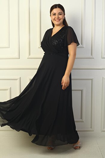 By Saygı Plus Size Double Breasted Collar and Sequin Detailed Lined Long Chiffon Dress