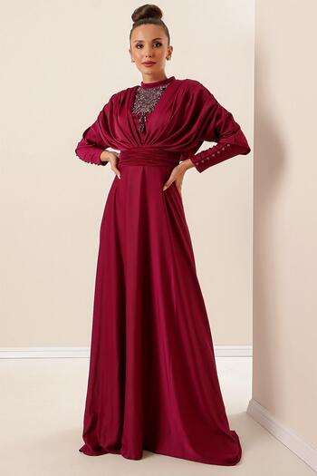 By Saygı Satin Long Dress with Gathered Sleeves, Button Detail, Lined and Beaded Front