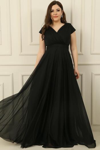 By Saygı Double Breasted Collar Lined Nail Sleeve Full Circle Flared Chiffon Tulle Plus Size Long Dress
