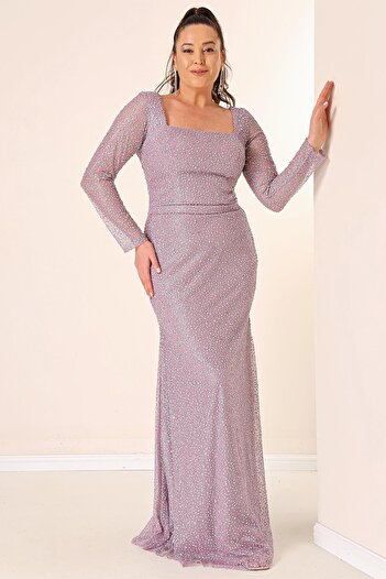 By Saygı Square Neck Lined Cut Jewelled Large Size Long Dress