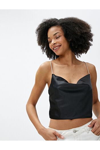 Koton Satin Blouse Scoop Neck Thin Stone Strap