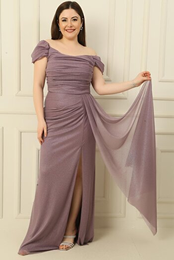 By Saygı Plus Size Glitter Long Dress with Low Sleeve Lining and Draped Front Slit