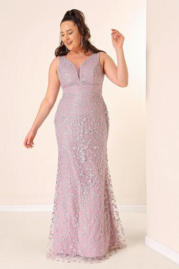By Saygı Front Back V-neck Lined Jewelled Large Size Long Fish Dress