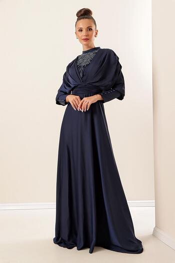 By Saygı Satin Long Dress with Gathered Sleeves, Button Detail, Lined and Beaded Front