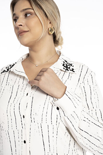SEDNA Plus Size Stone Detailed Satin Shirt 1030 - Ecru