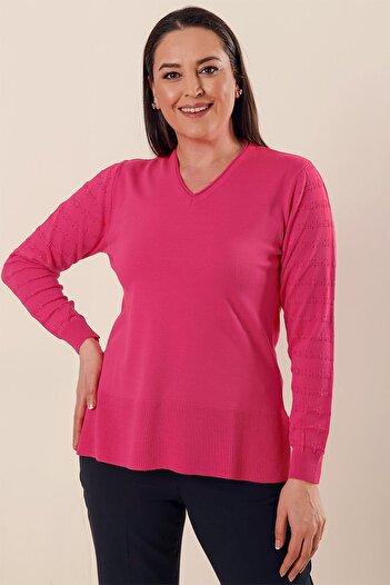 By Saygı Plus Size Acrylic Sweater with V-Neck Sleeves Model Side Slits