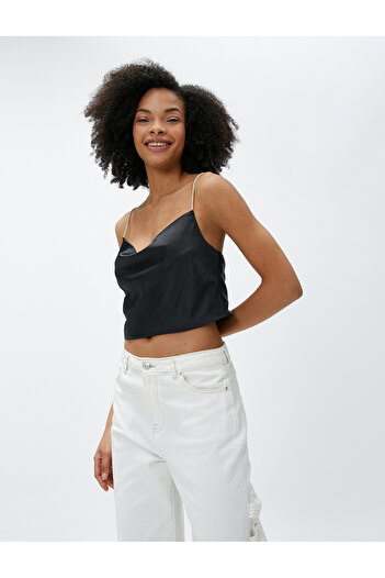 Koton Satin Blouse Scoop Neck Thin Stone Strap