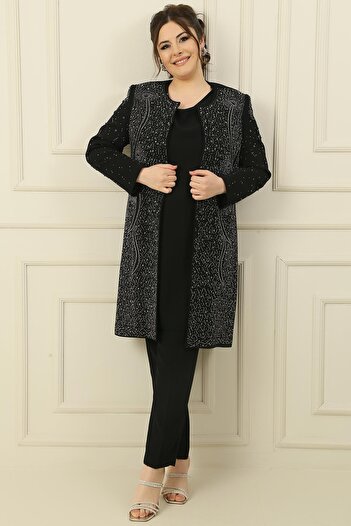 By Saygı Inner Sleeveless Blouse Stone Printed Lined Long Jacket Tight Leg Pants Large Size 3-Piece Set