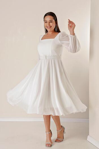 By Saygı Square Neck Waist Belted Lined Plus Size Chiffon Dress