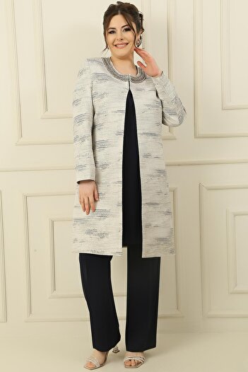 By Saygı Large Size 3-Piece Set with Stone Detailed Lined Jacquard Jacket and Tank Top Pants