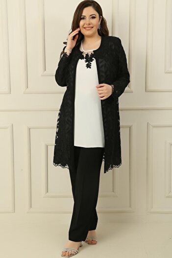 By Saygı Beaded Embroidered Laced Lined Jacket Blouse Trousers Plus Size 3-Piece Crepe Suit