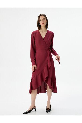 Koton Midi-Ausgestelltes Kleid, Wickelkleid, Rüschen, Taillenband, lange Ärmel