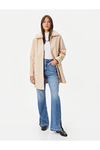 Koton Long Stretch Coat Removable Faux Fur Collar Zippered
