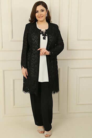 By Saygı Beaded Embroidered Laced Lined Jacket Blouse Trousers Plus Size 3-Piece Crepe Suit