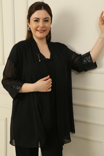 By Saygı V-neck Sequin Tank Top Bronchies Sleeve Ends Sequin Chiffon Jacket Plus Size 2 Pieces Set