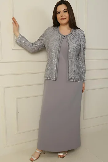By Saygı Half Moon Sleeve Long Dress Bead Sequin Embroidered Tulle Jacket Lined Plus Size 2 Piece Set