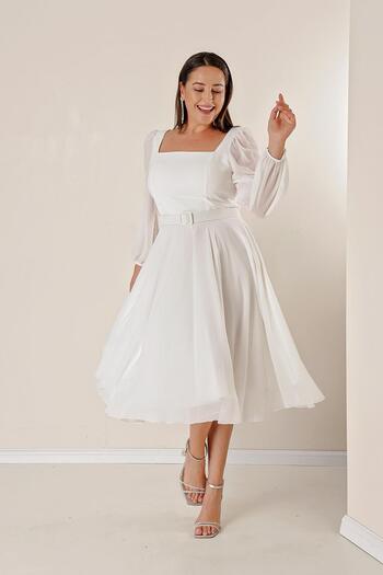 By Saygı Square Neck Waist Belted Lined Plus Size Chiffon Dress