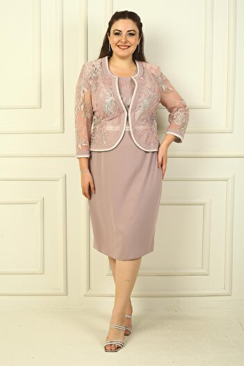 By Saygı Large Size 2-Piece Set - Nail Sleeve, Lined Short Dress and Embroidered Tulle Jacket