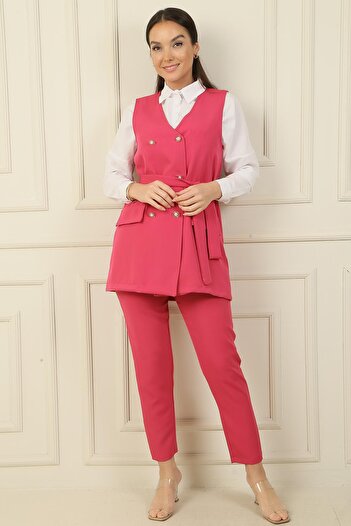 By Saygı Skinny Leg Pants and Vest - 6-Button and Belted 2-Piece Set