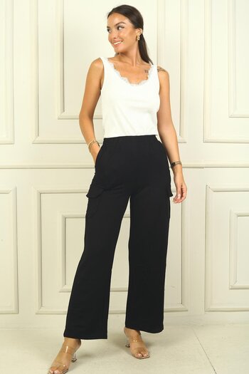 By Saygı Women's Palazzo Trousers - Elastic Waist and Cargo Pocket