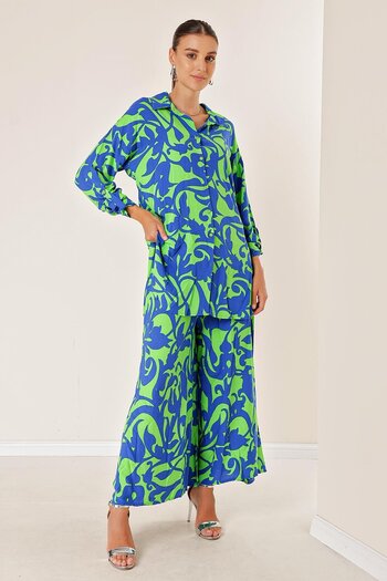 By Saygı Elastic Waist Pocketed Skirt Pants Long Shirt Shawl Patterned Oversize Set of 2