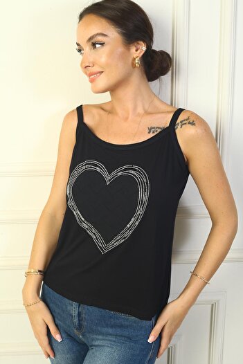By Saygı Women's Shoulder Rope Strap Front Stone Heart Embroidered Wide Fit Athlete