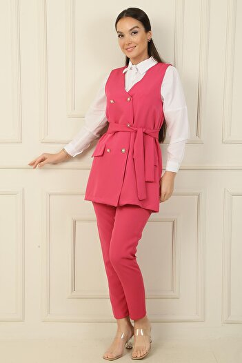 By Saygı 6 Düğmeli Kuşaklı Yelek Beli Lastikli Dar Paça Pantolon 2'li Takım