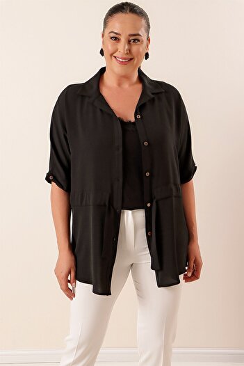 By Saygı Large Size Ayrobin Tunik Shirt with Belted Waist and Buttoned Front